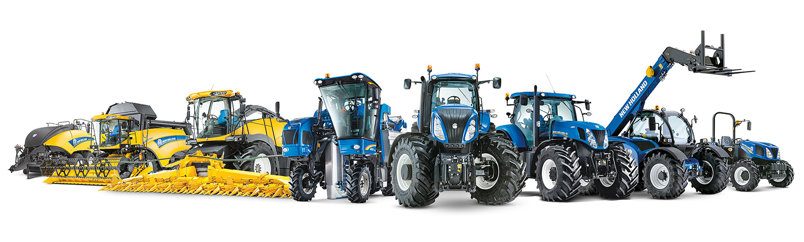 New Holland Landmaschinenreihe mit verschiedenen blauen Traktoren und gelben Erntemaschinen