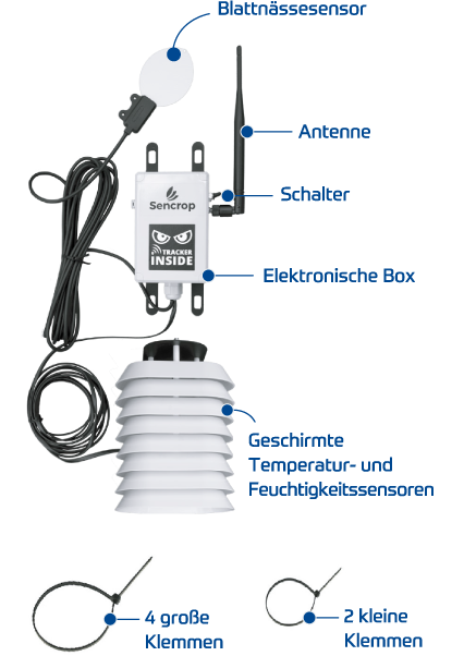Sencrop Wetterstation mit Blattnässesensor, Antenne, Schalter, elektronischer Box, geschirmten Temperatur- und Feuchtigkeitssensoren sowie großen und kleinen Klemmen
