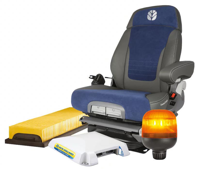 New Holland Traktorsitz mit blau-grauem Bezug, gelber Luftfilter, weißes Steuergerät und orangefarbener Warnleuchte